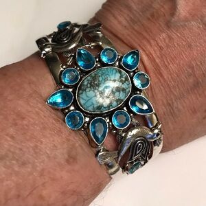 Turquoise Blue Topaz Stamped 925 Sterling Silver Cuff Bracelet
